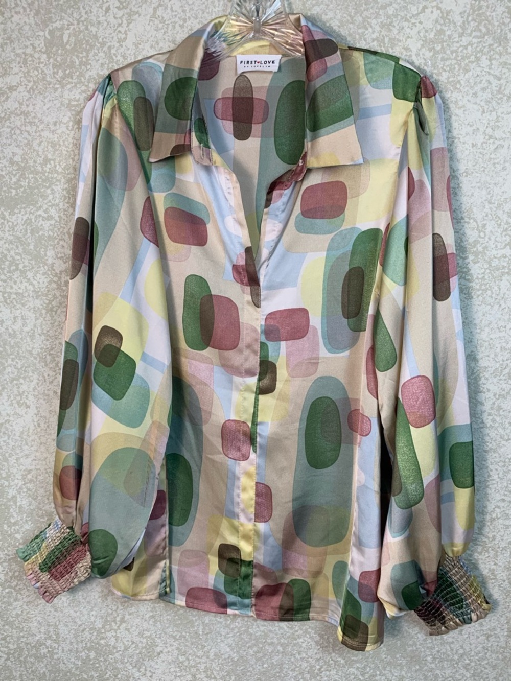 First Love by Loveline Multicolor Geometric Satin Blouse Large Retro Smocked